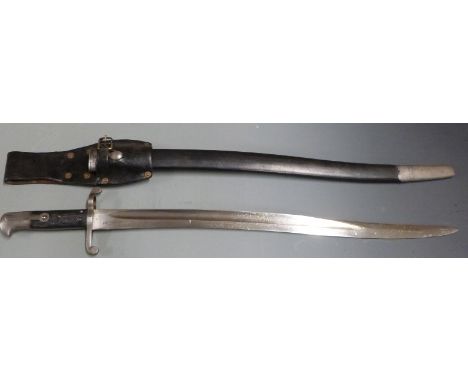 British 1856/58 pattern sword bayonet with some clear stamps, 58cm fullered yataghan blade, scabbard and frog&nbsp;