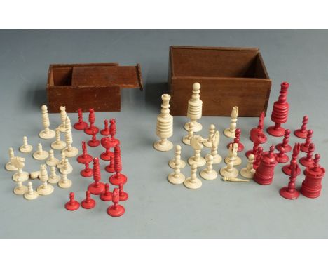 A 19thC bone chess set and a similar part chess set, height of King of smaller set 5cm, larger 9cm&nbsp;