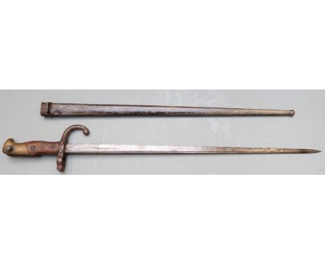 French 1874 pattern Gras bayonet with downswept quillon, manufacturer's name and 1878 to T backed 52cm blade, with scabbard&n