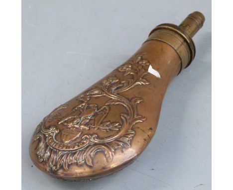 Copper and brass powder flask with embossed decoration featuring and eagle and motto 'Pluribus Unum' to both sides, 19cm long