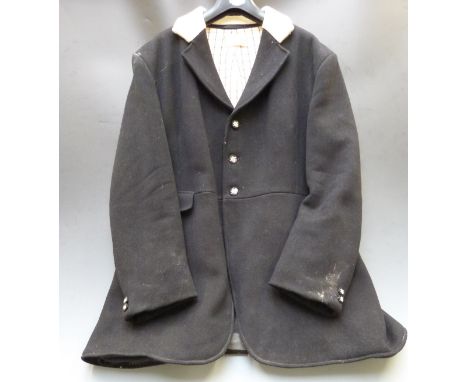 Calcutt and Sons hunting jacket with nine FTB buttons, possibly Basset/Beagles or Harriers, riding crops and whips etc