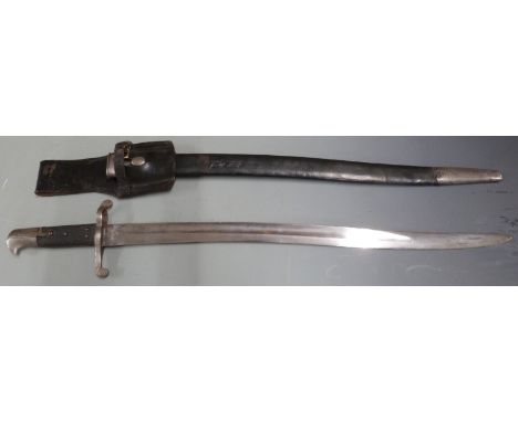 British 1856/58 pattern sword bayonet with hexagonal muzzle ring, 57.5cm fullered yataghan blade, scabbard and frog