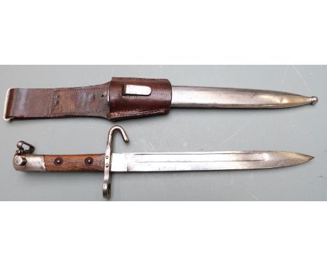 Austrian 1895 pattern bayonet, no stamp, hook and downswept quillon for NCOs, 24cm blade, with scabbard and frog