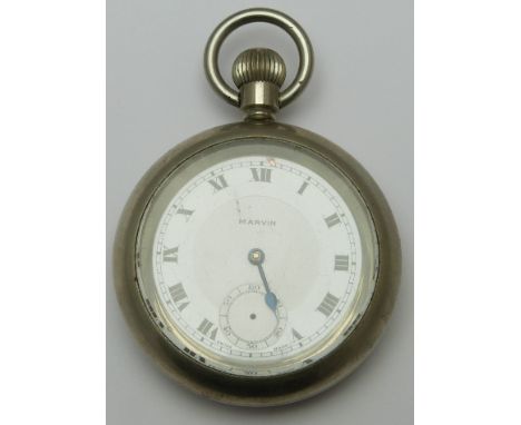 London Midland and Scottish railway Marvin keyless winding open faced pocket watch with inset subsidiary seconds dial, black 