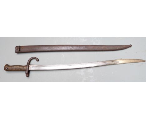 French 1866 pattern chassepot bayonet with downswept quillon, 69883 to crosspiece, 58cm fullered yataghan blade and scabbard&