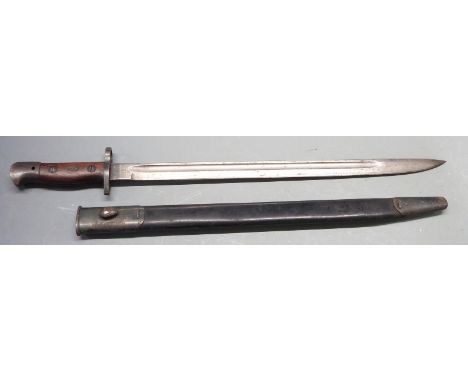 British 1907 pattern sword bayonet with cleaning hole in pommel, some clear stamps to ricasso, Wilkinson to 43cm to fullered 