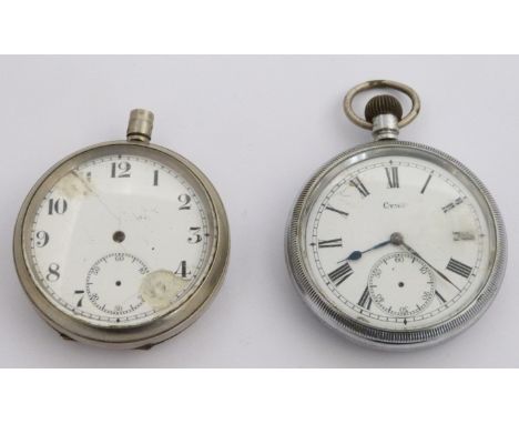 Two British Railways keyless winding open face pocket watches, one a Cyma Southern region the other Scottish region, both wit