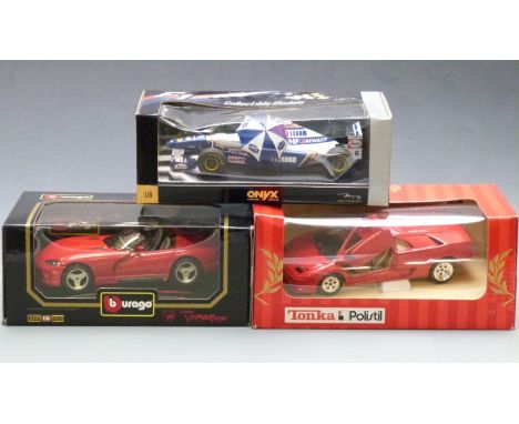 Three Burago,Onyx and Tonka Polistil 1:18 scale diecast model cars comprising Dodge Viper SRT10, Lamborghini Diablo and Willi