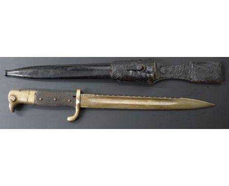 German KS98 pattern sawback bayonet with WK&amp;G maker's mark to ricasso, 25cm sawback fullered blade, scabbard and frog