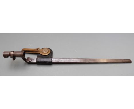 American 1873 pattern socket bayonet stamped US to 45.5cm blade, with scabbard and brass belt clip