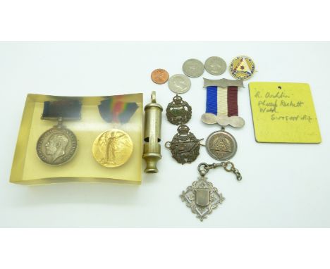 British Army WWI medals comprising War Medal and Victory Medal named to 2nd Lietenant R Ashton (set in resin) together with t