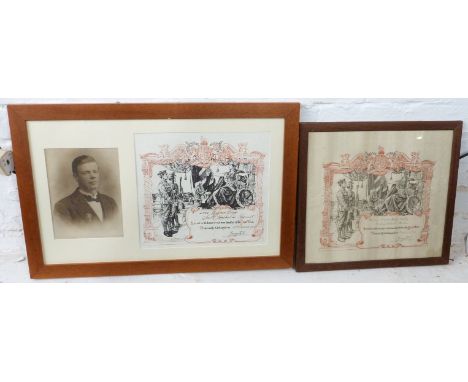Two British Army WWI framed honourable discharge certificates for 37351 Private Horace Kirby, Northumbeland Fusiliers and 482