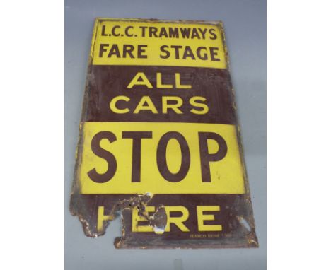 London County Council Tramways Fare Stage 'All Cars Stop Here' enamel sign by Franco signs London, of London Transport intere