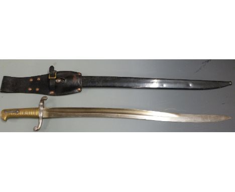 British 1853 pattern Artillery sword/bayonet V over CPA7 43 to brass pommel, with 58cm yataghan blade, scabbard and frog&nbsp