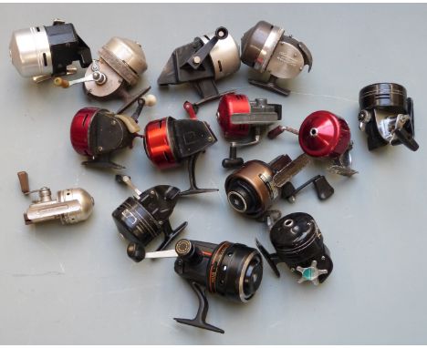 Fourteen vintage closed face fishing reels including Abumatic 220, 320, other early Abu, Daiwa including Harrier 120M graphit