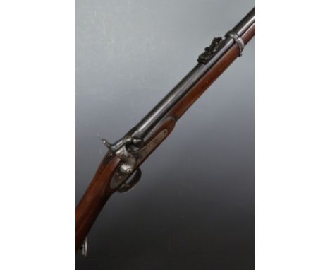 Enfield 1859 pattern percussion hammer action rifle with pop-up ladder sights, steel trigger guard, butt plate and mounts, sl
