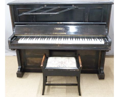 Upright 'C Bechstein' piano and stool with various scores and metronome, W150 D60 H120