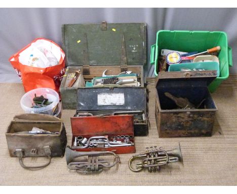 A large quantity of tools including Stilson, Britool socket set, large spanners, Rabone folding ruler, Bowie knife, ministry 