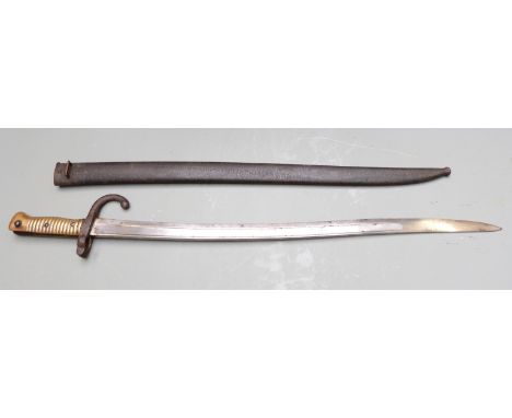 French 1866 pattern chassepot bayonet with downswept quillon, manufacturer's name and 1872 to T backed 57.5cm fullered yatagh