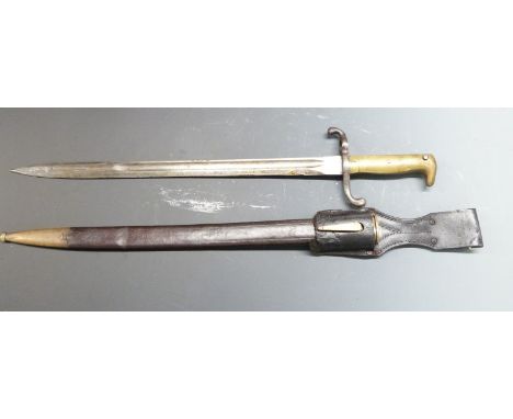 German 1871 pattern bayonet with brass grips, clear stamps for P D Luneschloss Soligen, maker's regimental mark to crosspiece