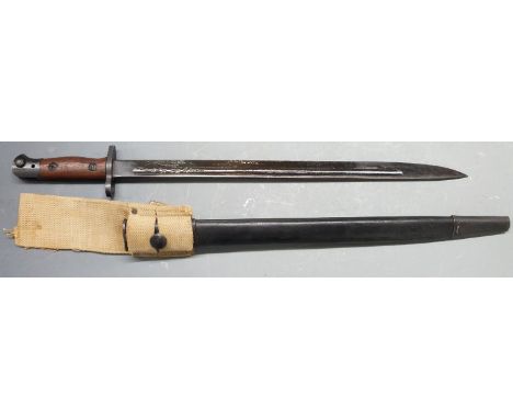 British 1907 pattern sword bayonet, no stamps, blackened 43cm fullered blade with scabbard and frog