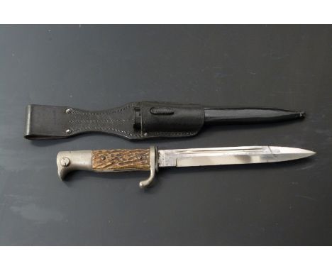 German KS98 pattern bayonet with Julius Krebs maker's mark to ricasso, staghorn style grips, 20cm fullered blade, scabbard an