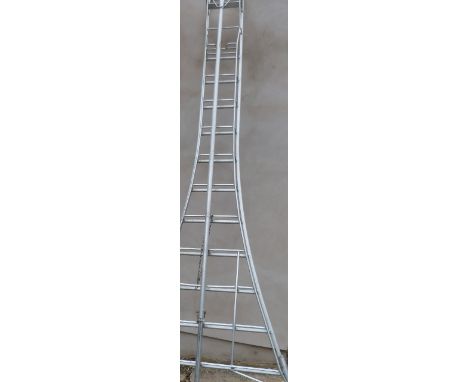 An adjustable aluminium tree surgeon's/hedge trimming ladder with hinged adjustable stabiliser leg, wide tread steps and anch