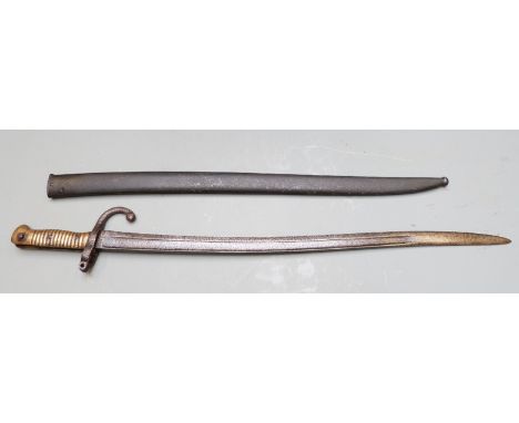 French 1866 pattern chassepot bayonet with downswept quillon, 57cm fullered yataghan blade and scabbard