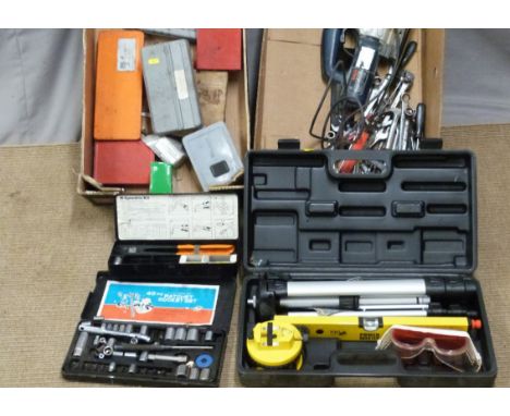 Cased laser level, Bosch jigsaw, assorted tools including socket sets, drill bits etc (two boxes)