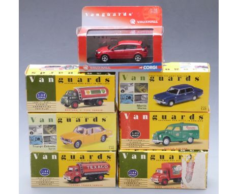 Seven Lledo and Corgi Vanguards diecast model vehicles including Vauxhall, Triumph, Thames Trader etc, all in original boxes.