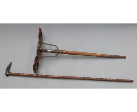 19thC or early 20thC shooting stick and a briar walking stick with horn handle&nbsp;