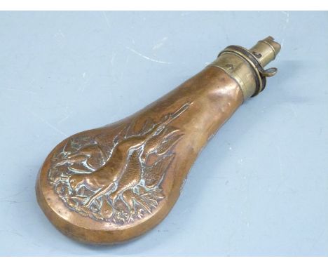 T Collins copper and brass powder flask with embossed decoration of game to both sides, 20.5cm long. 