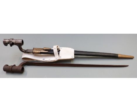 British 1853 pattern socket bayonet, some clear stamps to 43.5cm blade, with scabbard and frog together with a similar exampl