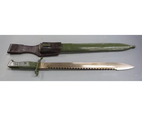 German 88/98 pattern Ersatz all steel version of the 98/05 sawback bayonet with grooved grip, 36cm sawback blade, scabbard an