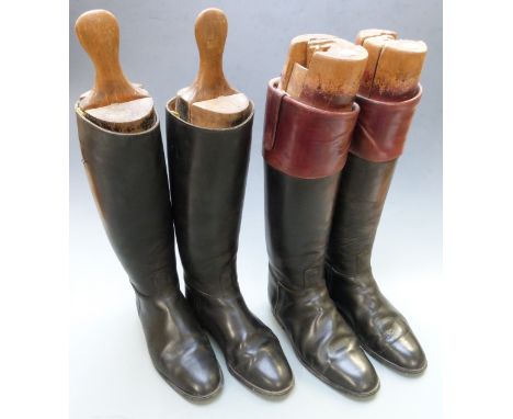 Two pairs of vintage leather riding boots with trees, one set named Rowell and Sons, Melton Mowbray