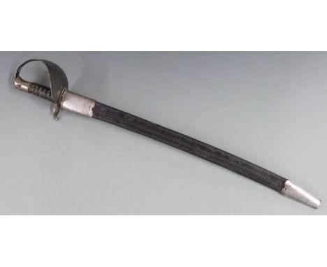 Royal Navy 1859 first pattern cutlass bayonet with ribbed grip, bowl guard, 68cm blade and leather scabbard
