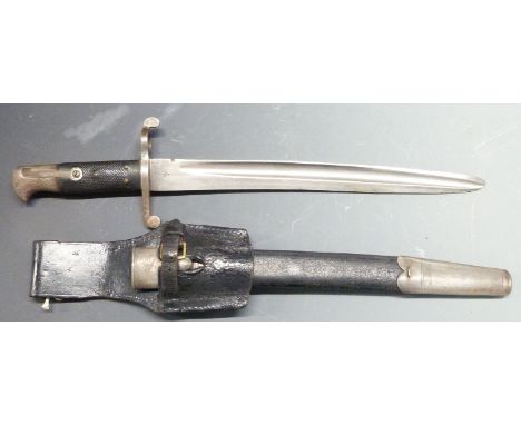 British 1856/58 pattern Cadet sword bayonet with some clear stamps, fullered blade shortened to 33cm, scabbard and frog&nbsp;