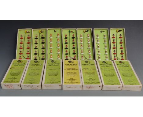 Seven Subbuteo table soccer teams comprising Sheffield United 9, Blackpool 13, Liverpool 14, Arsenal 16, Tottenham Hotspur 18