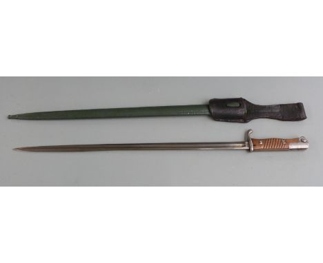 German S98 pattern bayonet with one piece wooden grip, clear maker's stamp Erfurt, regimental marks E.M.10.55, 52cm pipeback 