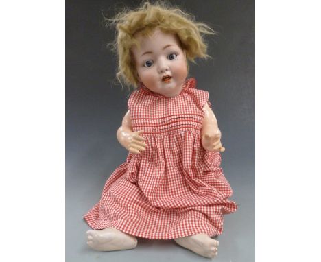 Heinrich Handwerck bisque headed doll with open mouth, weighted blue eyes, short blonde hair and jointed composite body, mark