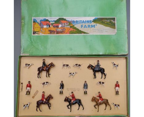 Britains Farm Hunting Series The Meet lead model figure set comprising three mounted and two unmounted huntsmen, two mounted 