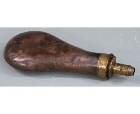 Bartram & Co copper and brass powder flask, 20cm long. 