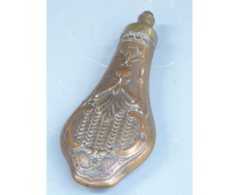 G &amp; J W Hawksley copper and brass powder flask with embossed decoration to both sides, 21cm long.&nbsp;