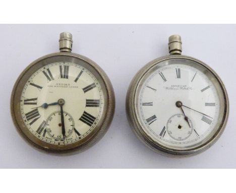 Two British Railways Midland region keyless winding open faced pocket watches, one Waltham the other Andika, both with subsid