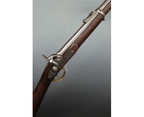 Enfield 1862 percussion hammer action rifle with lock stamped with crown over 'VR' cypher and '1862 Enfield', brass trigger g