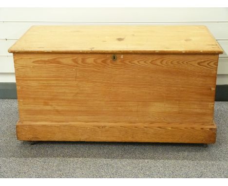Pine trunk with metal handles raised on castors, W94 D46 H48cm&nbsp;