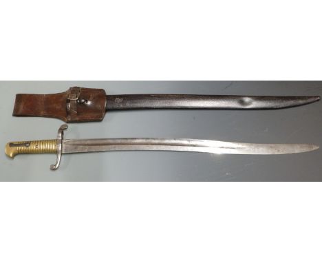 British 1853 pattern Artillery sword bayonet with brass grips stamped 7.B.R.A and 912 to crosspiece, 58cm yataghan blade, sca