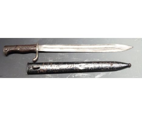 German 1898/05 pattern bayonet later type with muzzle ring removed and flashguard, 37cm fullered blade, with scabbard and fro