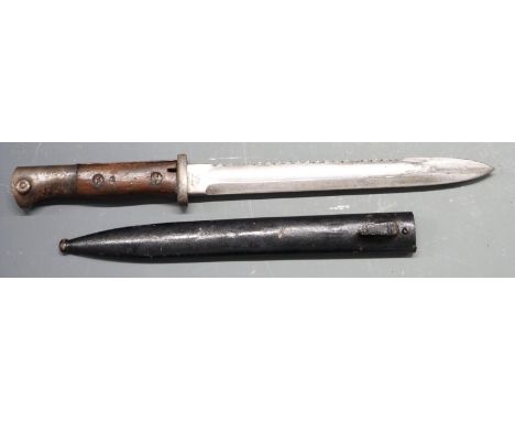 German 84/98 pattern sawback bayonet with flashguard, Gebr Heller Marienthal and Erfurt to ricasso, 24cm fullered sawback bla