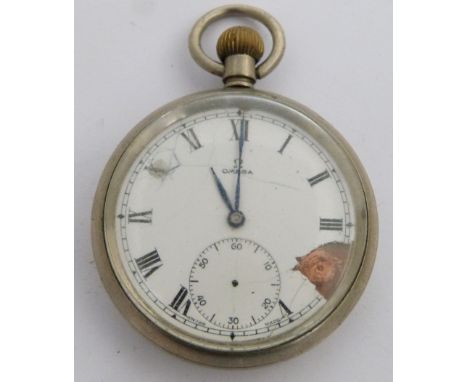 Great Western Railway Omega keyless winding open faced pocket watch with subsidiary seconds dial, black Roman numerals, blued